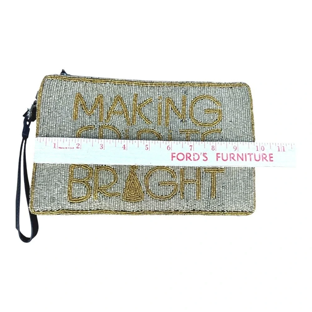 Talbots Making Spirits Bright Beaded Holiday Wristlet Clutch Gold Gray Velvet